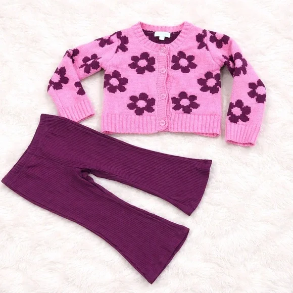 BTween Girls Pink Flower Cardigan & Ribbed Flare Pants Set Size 2T Like New - Picture 1 of 10